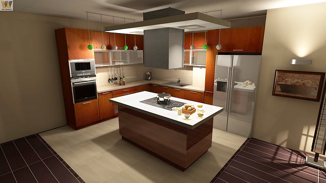 L型キッチンとアイランドキッチンを組み合わせた例