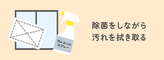 窓にアルコールスプレーを拭きかけ掃除する